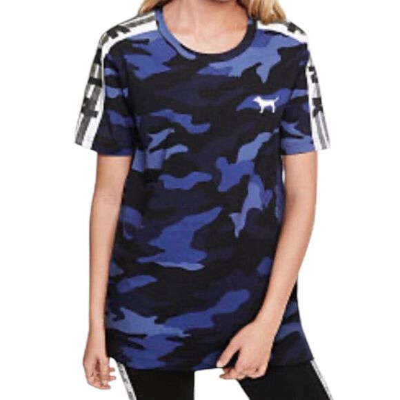 Victoria’s Secret PINK Blue Camo Campus Tee with Foil Tape Logo Stripe Sleeves - Picture 1 of 8